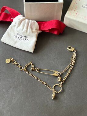 Alexander McQueen Brass Safety Pin & Skull Double Chain Bracelet **Rare**